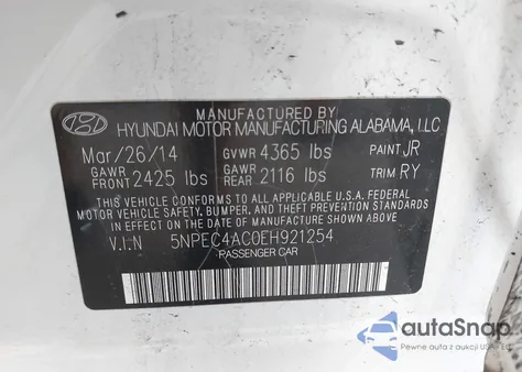 2014 Hyundai Sonata Se from USA, damaged, VIN 5NPEC4AC0EH921254